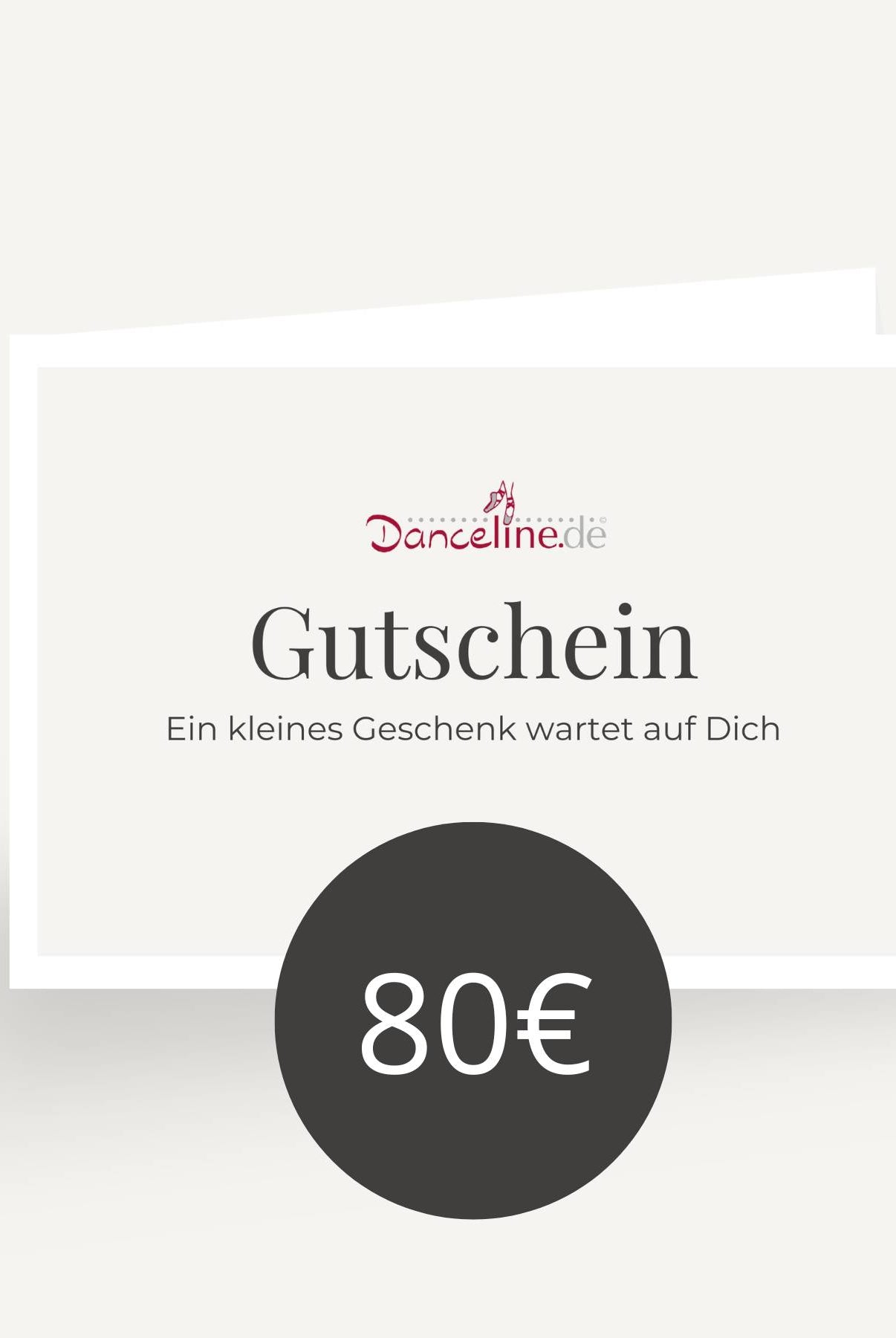 Eine Dance Line-Geschenkkarte im Wert von 80 €, angezeigt auf hellem Hintergrund. Auf dem Text steht „Geschenkgutschein“, gefolgt von „Ein kleines Geschenk wartet auf Dich“, wobei der Wert der Karte, „80€“, prominent auf einem runden dunklen Etikett am unteren Rand hervorgehoben ist, perfekt für Ballettartikel oder angehende Tänzer.