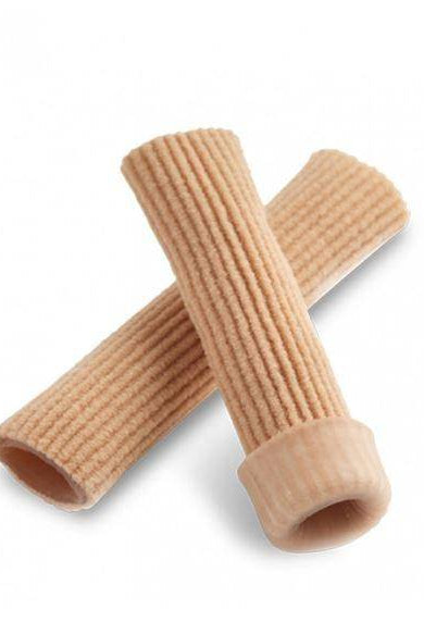 Vor einem weißen Hintergrund sind zwei beige, gerippte schlauchförmige Fingerbandagen namens „Zehenschutz Bunhead BH1025 JellyToes“ von Dance Line abgebildet. Eine Bandage ist horizontal angebracht, während die andere diagonal darüber gelegt ist, sodass eine „X“-Form entsteht. Ideal zum Schutz des Zehengelenks oder zur Vorbeugung von Scheuerstellen in Spitzenschuhen bei Tanzeinlagen.