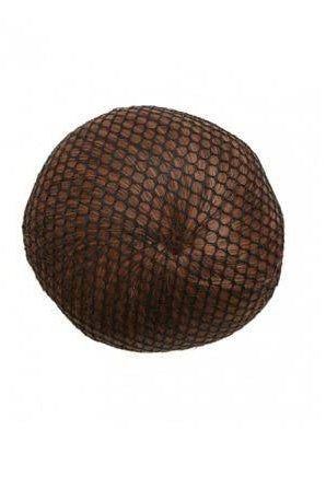 Ein runder, dunkelbrauner Gegenstand mit einem gitterartigen Muster auf der Oberfläche. Das Muster erinnert an das Haarnetz Bunhead 428 BunCover von Bunhead und besteht aus kleinen, schwarzen, netzartigen Sechsecken, die das gesamte Objekt gleichmäßig bedecken. Der Hintergrund ist schlicht weiß.