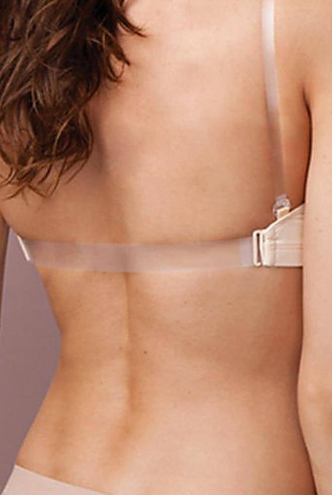 Das Bild zeigt den Rücken einer Person, die das Capezio BH Capezio 3564 Layana Camisole Bra Top mit transparenten Trägern trägt. Ihr langes, welliges Haar fällt über eine Schulter und betont die glatte, makellose Haut. Der Fokus liegt auf dem Rücken mit den sichtbaren BH-Trägern, wodurch Stil und Komfort nahtlos miteinander verbunden werden.