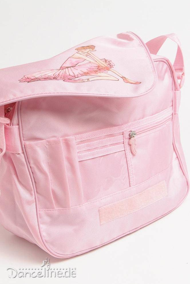 Die Bloch Balletttasche Bloch A322 Schultertasche ist eine rosa Umhängetasche mit mehreren Reißverschlussfächern und einer Abbildung eines Ballett-Mädchens in einem Tutu auf der Klappe. Die Tasche ist aus strapazierfähigem Stoff gefertigt und verfügt über einen verstellbaren Schulterriemen zum Tragen. Das Logo „Dancelinede“ ist in der unteren linken Ecke sichtbar.