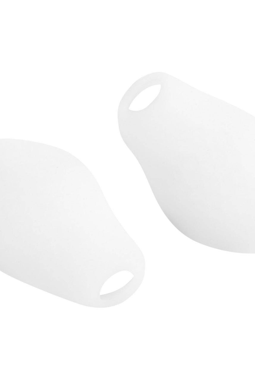 Zwei Silikon-Blasenschutz Rumpf 1431 Silky von Rumpf sind vor einem weißen Hintergrund abgebildet. Jeder Schutz hat an einem Ende ein kleines Loch, vermutlich zur Befestigung. Das glatte, schlanke Design lässt vermuten, dass sie zum Schutz von Objekten oder empfindlichen Oberflächen verwendet werden könnten, ähnlich wie ein Gel-Ballenschutz die Füße schützt.