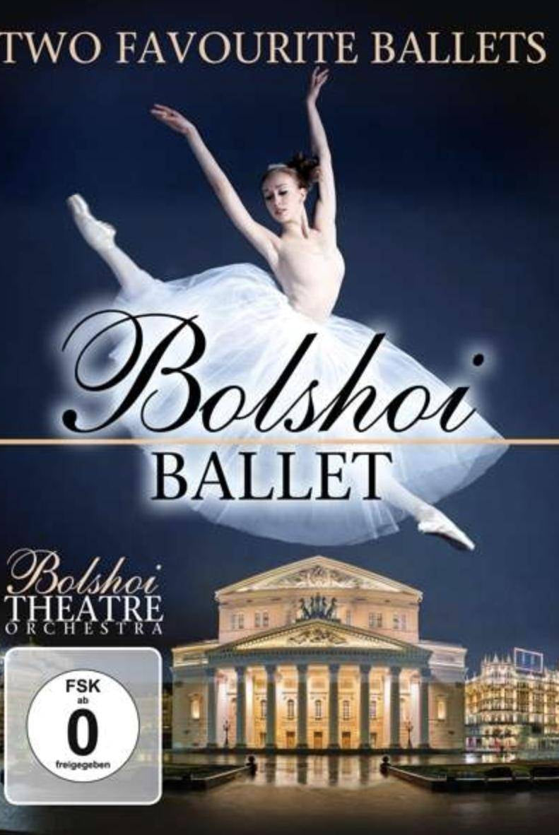 Das Cover der „Ballett-DVD ZYX 2007 Bolshoi 2 favorite Ballets“ von ZYX zeigt eine Ballerina in einem weißen Tutu, die vor einem dunklen Hintergrund eine Ballettpose einnimmt. Oben steht der Text „Zwei Lieblingsballette“, während in der Mitte prominent „Das Bolshoi“ zu sehen ist. Darunter betont ein Bild des Bolschoi-Theaters dessen tiefe Verbindung zur russischen Kultur.