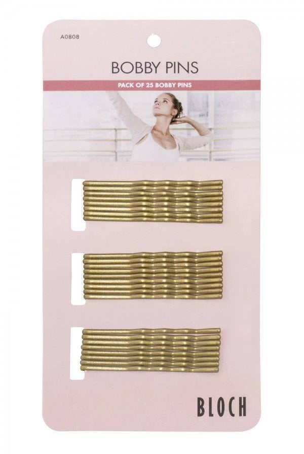 Eine Packung mit 25 Haarklemmen Bloch A0808 von Bloch wird auf einer rosafarbenen Trägerkarte präsentiert. Oben ist ein Bild einer Person abgebildet, die sich in Ballettkleidung dehnt, und in der oberen linken Ecke steht der Produktcode „A0808“. Die Haarklemmen sind ordentlich in drei Reihen angeordnet, perfekt für eine saubere Frisur.