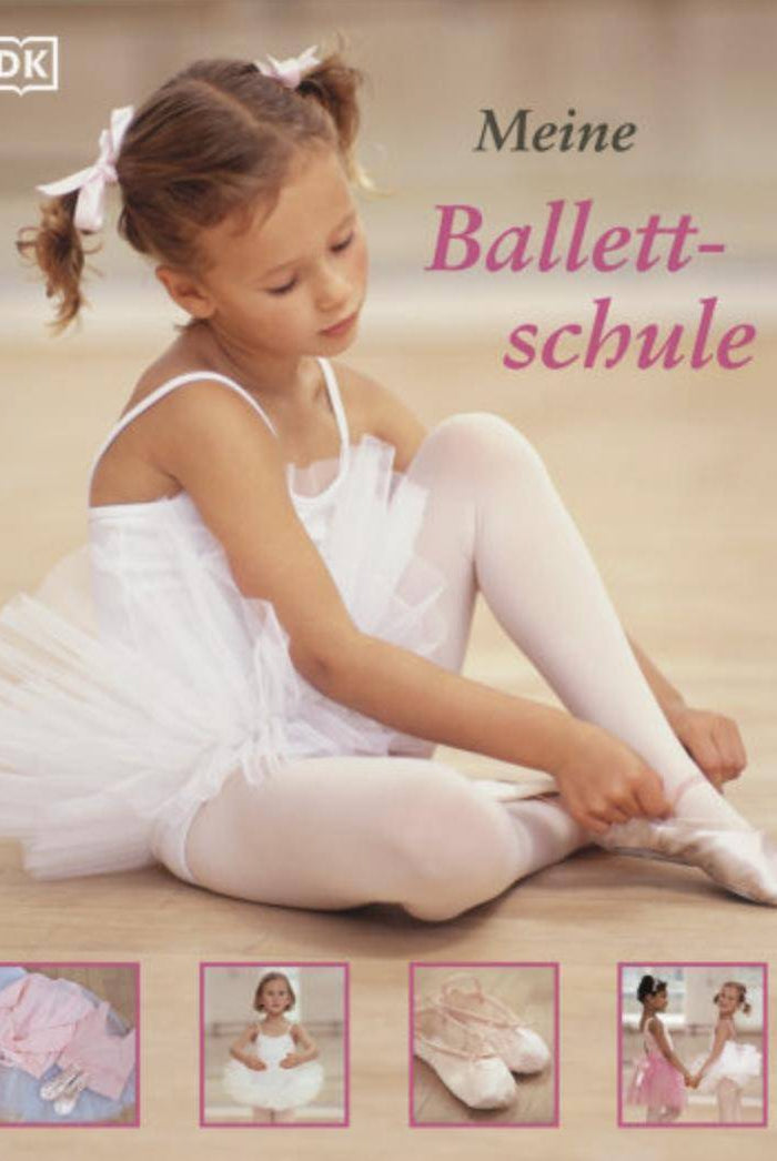 Ein junges Mädchen in einem weißen Ballett-Outfit, das an Ballerina Marie erinnert, rückt ihre Ballettschuhe in einem sanft fokussierten Tanzstudio zurecht. Rechts ist der Text „Buch DK-Verlag Meine Ballettschule“ von Dance Line zu sehen. Unter ihr zeigen vier kleinere Bilder wichtige Ballettartikel wie Kleidung, ein Baby im Tutu und Ballettschuhe – ideal für alle, die sich für „Ballett lernen für Kinder“ interessieren.