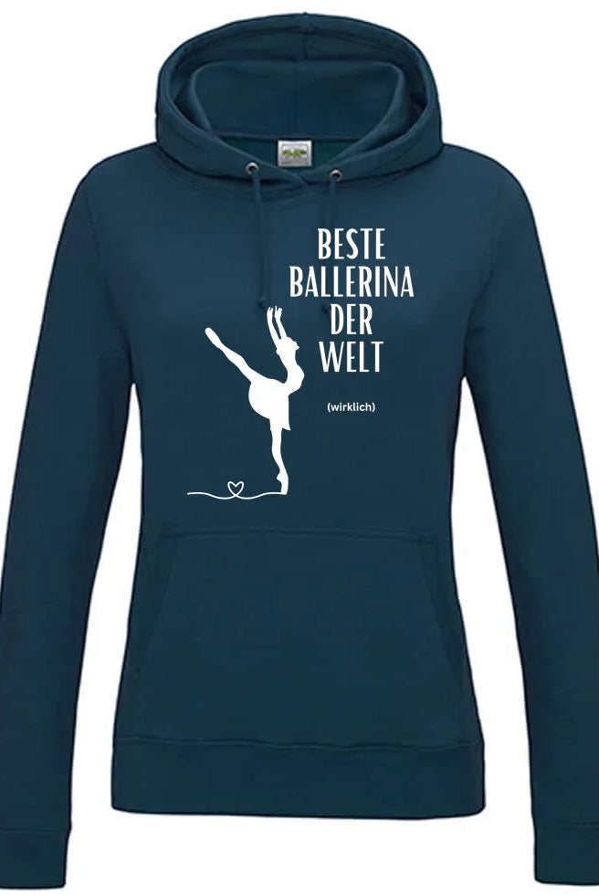 Dies ist ein Dance Line Ballett Hoodie Danceline Beste Ballerina in Dunkelblaugrün, geschmückt mit der Silhouette einer Balletttänzerin und dem weißen deutschen Text „Beste Ballerina der Welt (wirklich).“ Er hat eine Vordertasche und eine Kapuze mit Kordelzug.