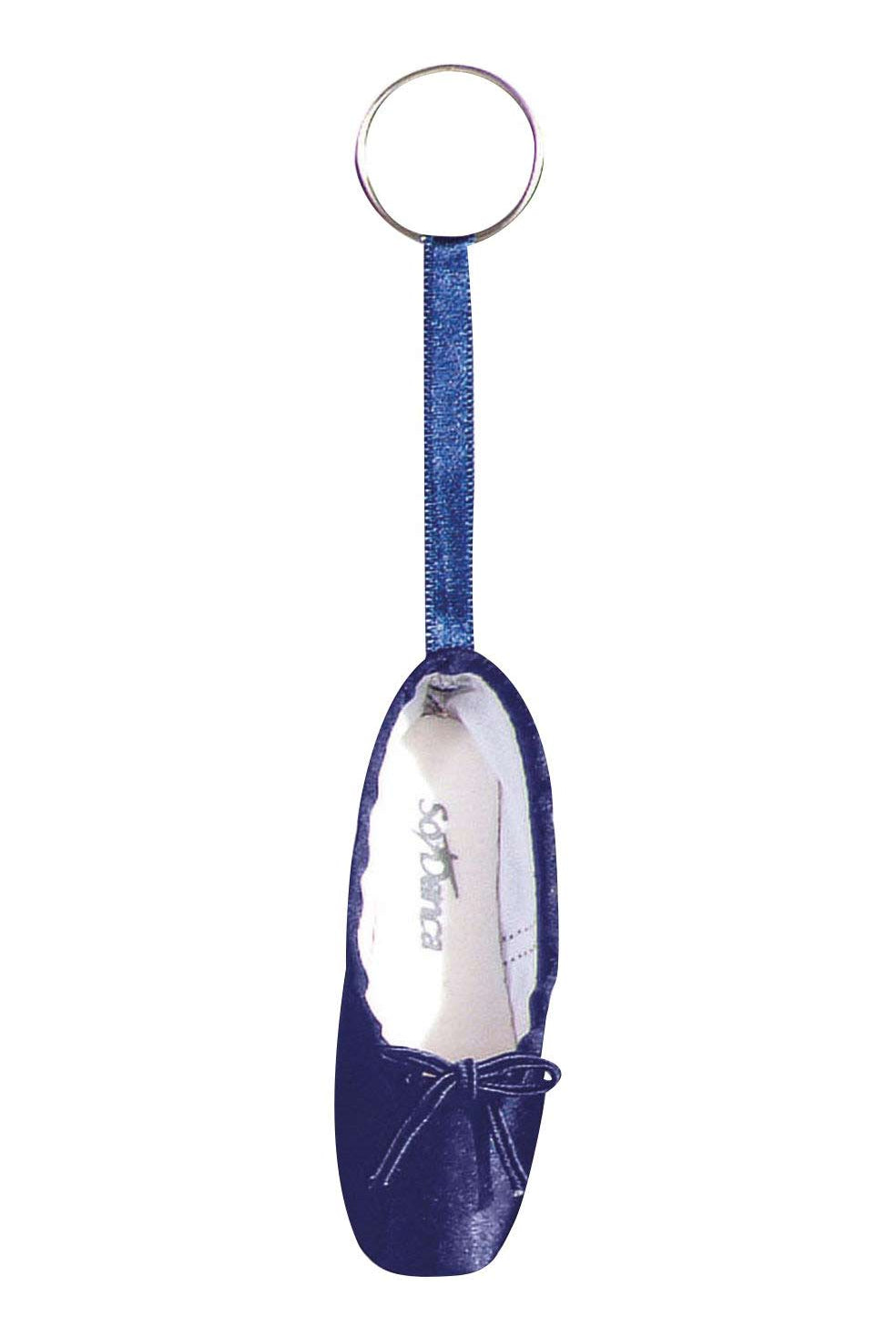 Der Mini-Spitzenschuh-Anhänger SoDanca KCE01 Minipoint von SoDanca zeigt einen dunkelblauen Miniatur-Ballerina mit einer kleinen Schleife auf der Vorderseite und der Aufschrift „so danca“ auf der Innensohle. Dieser bezaubernde Schlüsselanhänger ist mit einem passenden blauen Band an einem Schlüsselring befestigt und eignet sich daher perfekt als Geschenk.