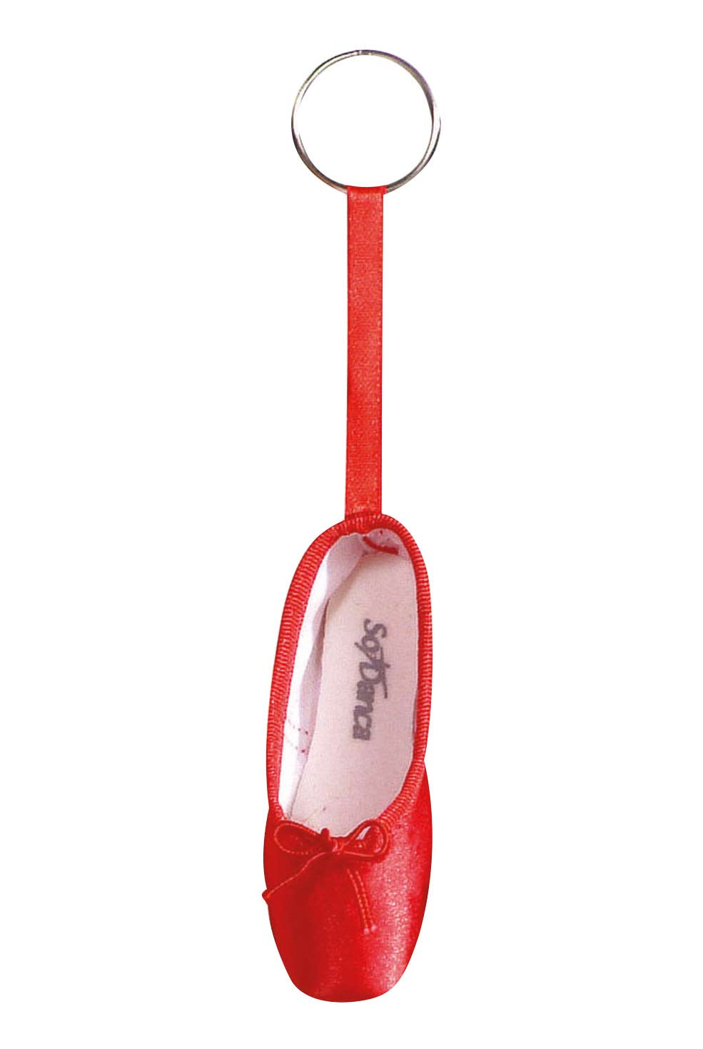 Der Mini-Spitzenschuh-Anhänger SoDanca KCE01 Minipoint ist ein Schlüsselanhänger mit einem roten Miniatur-Ballettschuh mit einer kleinen Schleife an der Spitze. Der Schuh ist an einem roten Band befestigt, das mit einem Metallschlüsselring verbunden ist. Auf der Innenseite des Schuhs ist „SoDanca“ aufgedruckt, was ihn zu einem perfekten Geschenk macht.