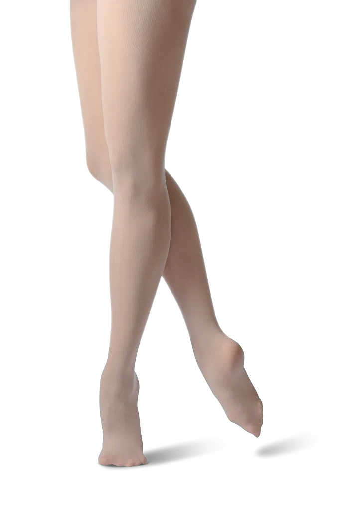 Ein Paar aus dem 5er-Pack beiger Kinder-Ballettstrumpfhosen Merlet C80 Kompressionsstrümpfe mit Fuß, abgebildet vor einem schlichten weißen Hintergrund.