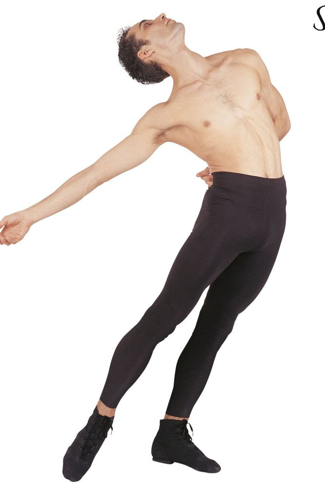 Eine Tänzerin in schwarzen Sansha-Leggings und -Schuhen ohne Füße beugt sich elegant nach hinten, wobei die Arme und ein Bein anmutig ausgestreckt sind.