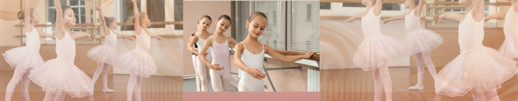 Junge Balletttänzerinnen in weißen Tutus stehen an der Stange und üben Ballettposen in einem Tanzstudio. Das Bild ist eine Collage, die mehrere Tänzerinnen und verschiedene Ballettposen zeigt.