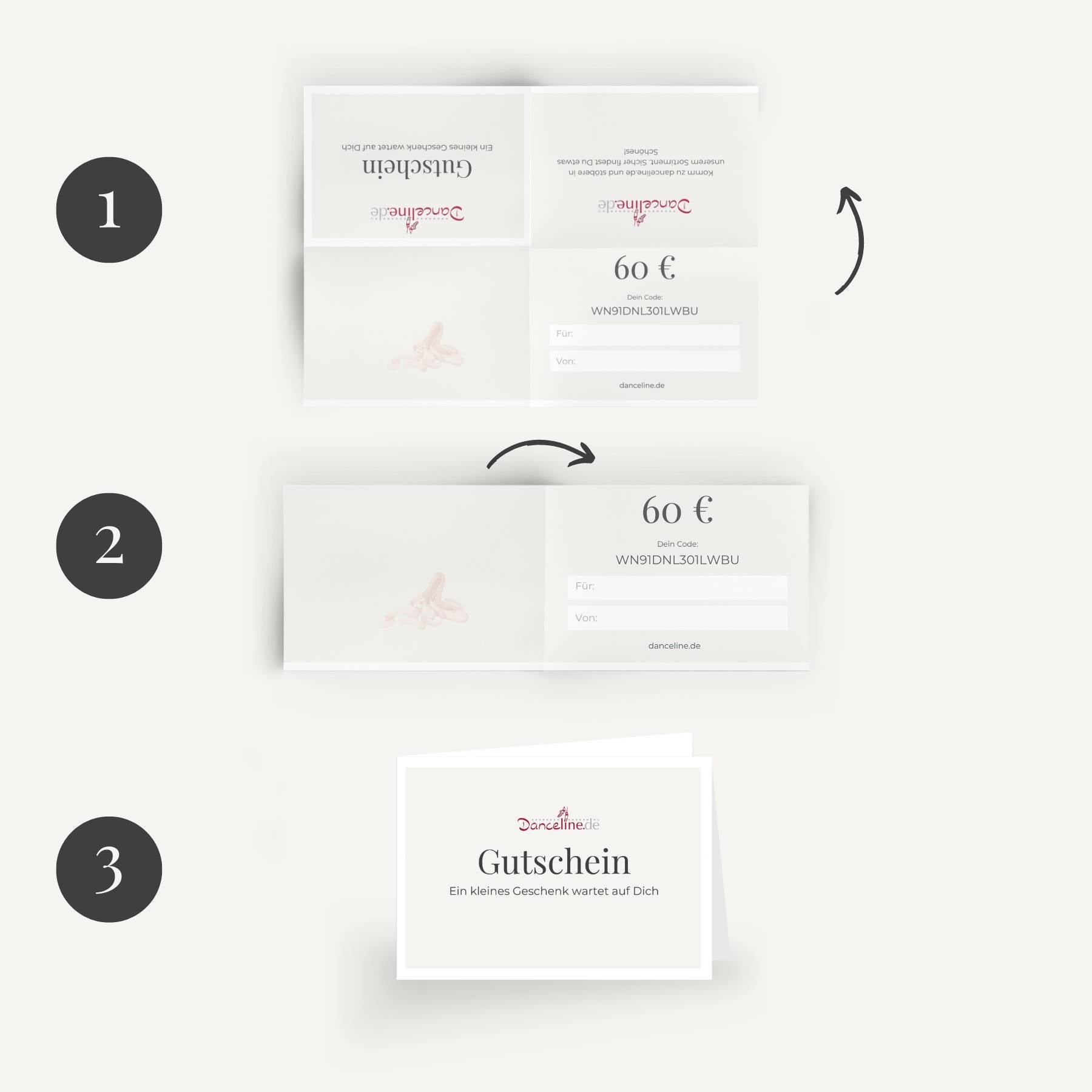 Schritt-für-Schritt-Anleitung zum Falten des Dance Line 60€ Geschenkgutscheins. Schritt 1 zeigt die geöffnete Gutscheinkarte mit Feldern für Betrag (60 €), Code und von/bis. Schritt 2 zeigt die teilweise gefaltete Karte. Schritt 3 zeigt die gefaltete Karte mit „Gutschein“ und „Ein kleines Geschenk wartet auf Dich“.