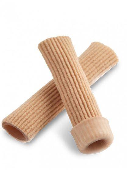 Vor einem weißen Hintergrund sind zwei beige, gerippte schlauchförmige Fingerbandagen namens „Zehenschutz Bunhead BH1025 JellyToes“ von Dance Line abgebildet. Eine Bandage ist horizontal angebracht, während die andere diagonal darüber gelegt ist, sodass eine „X“-Form entsteht. Ideal zum Schutz des Zehengelenks oder zur Vorbeugung von Scheuerstellen in Spitzenschuhen bei Tanzeinlagen.