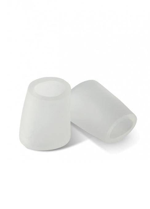 Zwei transparente Silikonaufsätze oder Ohrstöpsel-Ersatzteile, die sich perfekt für den Zehenschutz Bunhead BH1040 PinkyPad von Dance Line oder als Reibungsschutz eignen, sind vor einem schlichten weißen Hintergrund abgebildet. Einer steht aufrecht, während der andere auf der Seite liegt.