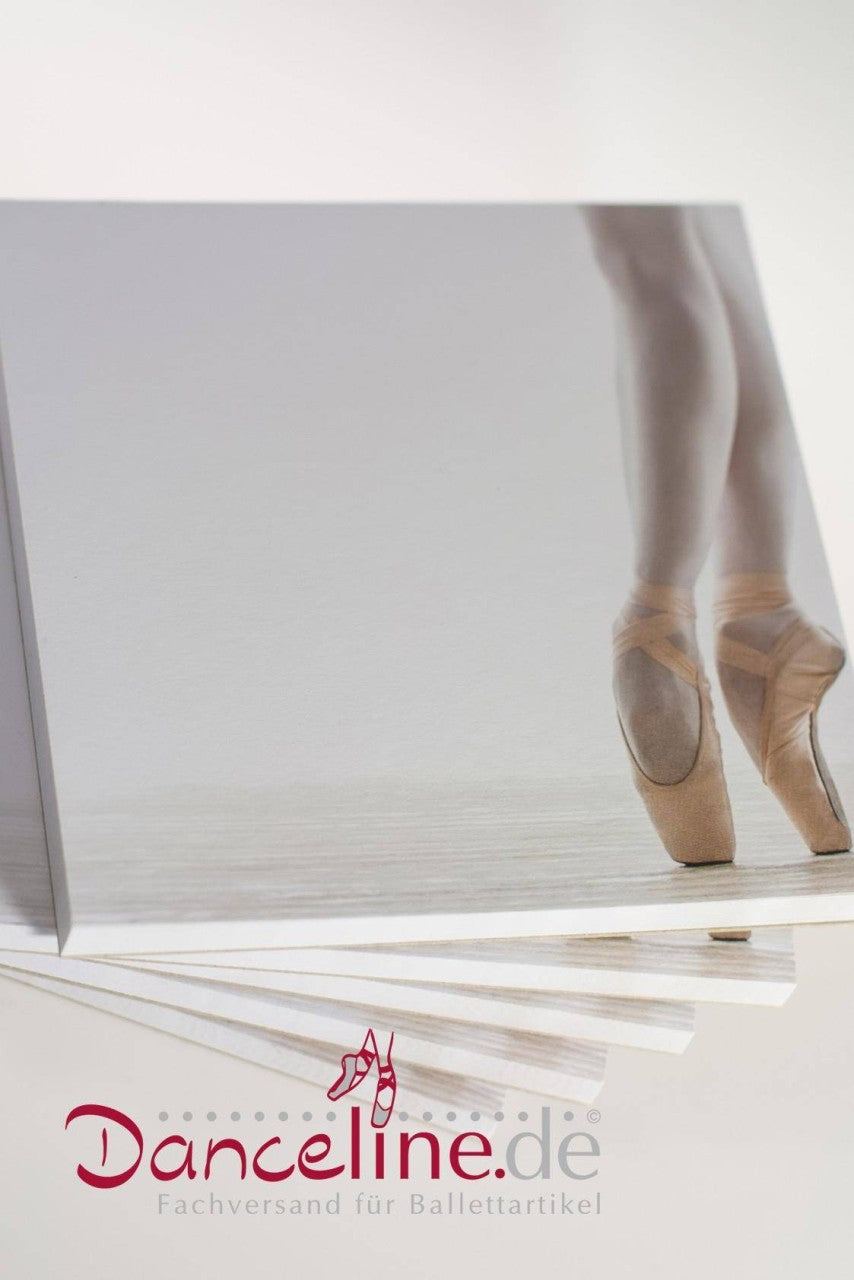 Die Blöcke Viscosi BM2 Minis von Viscosi sind ein Stapel quadratischer Tafeln im Quadratformat, die das Bild der Beine einer Balletttänzerin zeigen, die elegant in Ballettschuhen auf Spitze balanciert. Die Tafeln zeigen eine Teilansicht der Füße der Tänzerin, darunter ist der Text „Danceline.de Fachversand für Ballettartikel“ sichtbar, was sie zu einer idealen Geschenkidee macht.