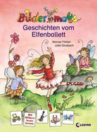 Das Cover des Buches „Buch Loewe 65155 Elfenballett“ von Werner Färber und Julia Ginsbach, unter der Marke Dance Line, zeigt eine farbenfrohe Szene mit drei Elfen, die auf einer Wiese tanzen und rosafarbene Ballettschuhe tragen. Der Titel steht in großen Buchstaben oben, und unten sind mehrere kleine Abbildungen von Instrumenten abgebildet.