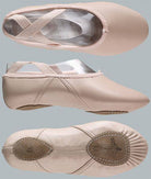 Drei Ansichten der blassrosa Dance Line Ballettschuhe WearMoi WM406 Lea mit elastischen Kreuzriemen. Die Draufsicht veranschaulicht die Zehenbox, die Seitenansicht zeigt das Profil und die Unteransicht zeigt die geteilte Chromledersohle mit verstärktem Fersen- und Zehenbereich. Auf der Sohle ist die Größe 33 angegeben.