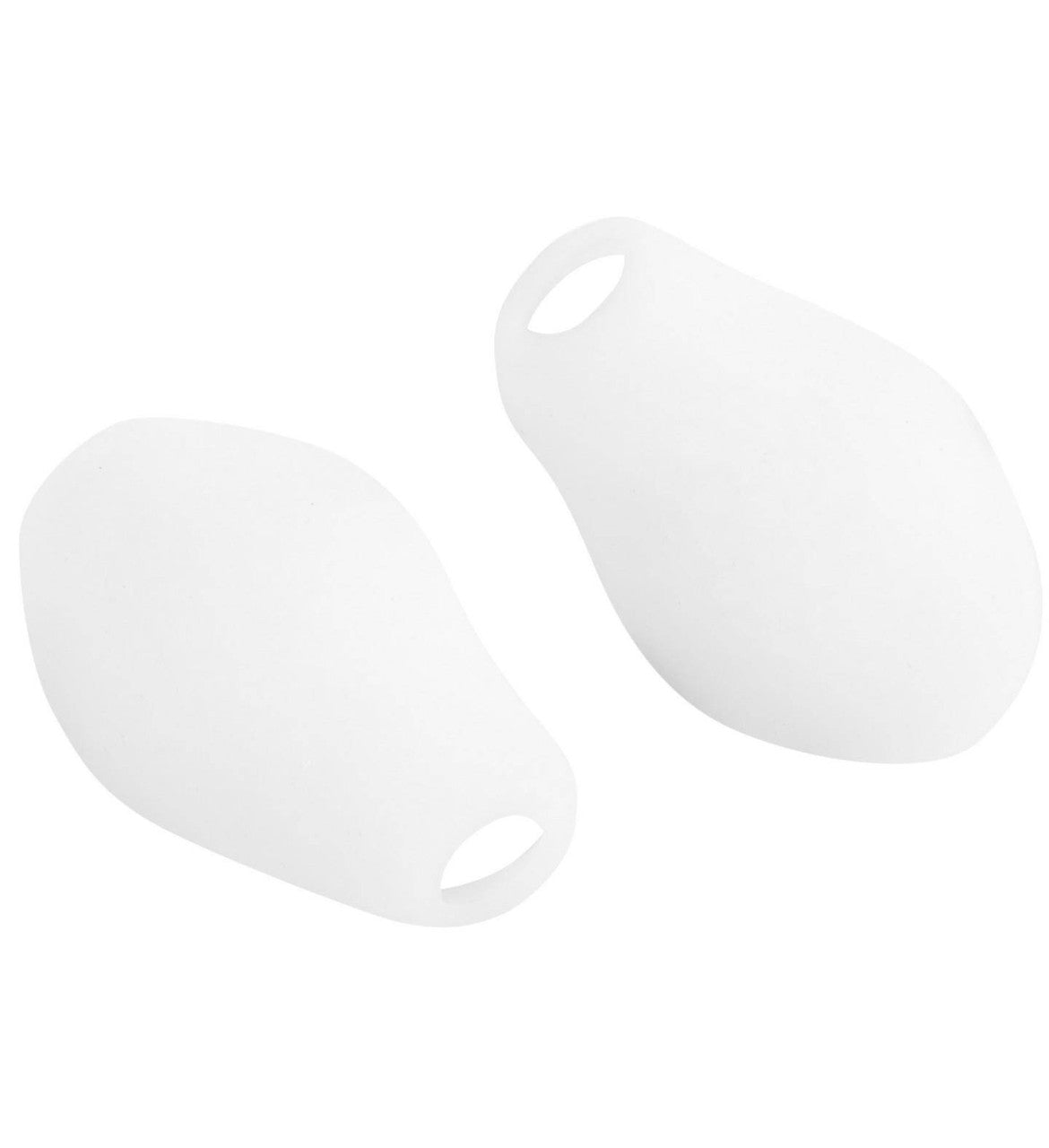 Zwei Silikon-Blasenschutz Rumpf 1431 Silky von Rumpf sind vor einem weißen Hintergrund abgebildet. Jeder Schutz hat an einem Ende ein kleines Loch, vermutlich zur Befestigung. Das glatte, schlanke Design lässt vermuten, dass sie zum Schutz von Objekten oder empfindlichen Oberflächen verwendet werden könnten, ähnlich wie ein Gel-Ballenschutz die Füße schützt.