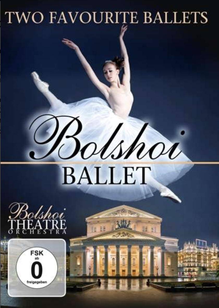 Das Cover der „Ballett-DVD ZYX 2007 Bolshoi 2 favorite Ballets“ von ZYX zeigt eine Ballerina in einem weißen Tutu, die vor einem dunklen Hintergrund eine Ballettpose einnimmt. Oben steht der Text „Zwei Lieblingsballette“, während in der Mitte prominent „Das Bolshoi“ zu sehen ist. Darunter betont ein Bild des Bolschoi-Theaters dessen tiefe Verbindung zur russischen Kultur.