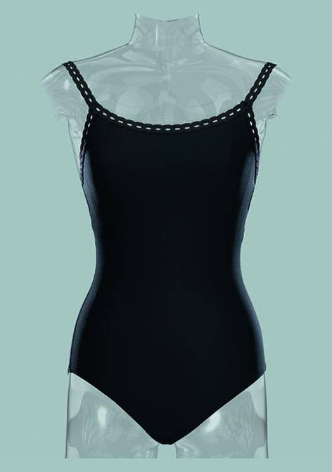 Ein schwarzer einteiliger Badeanzug, der an den stylischen Ballettanzug WearMoi Flora von Wear Moi erinnert, wird auf einer transparenten Schaufensterpuppe vor einem blasstürkisen Hintergrund präsentiert. Der Badeanzug zeigt ein geradliniges Design mit geradem Ausschnitt und dünnen Spaghetti-Trägern, akzentuiert durch kleine Cut-Out-Details an den Rändern, aus weicher Mikrofaser.