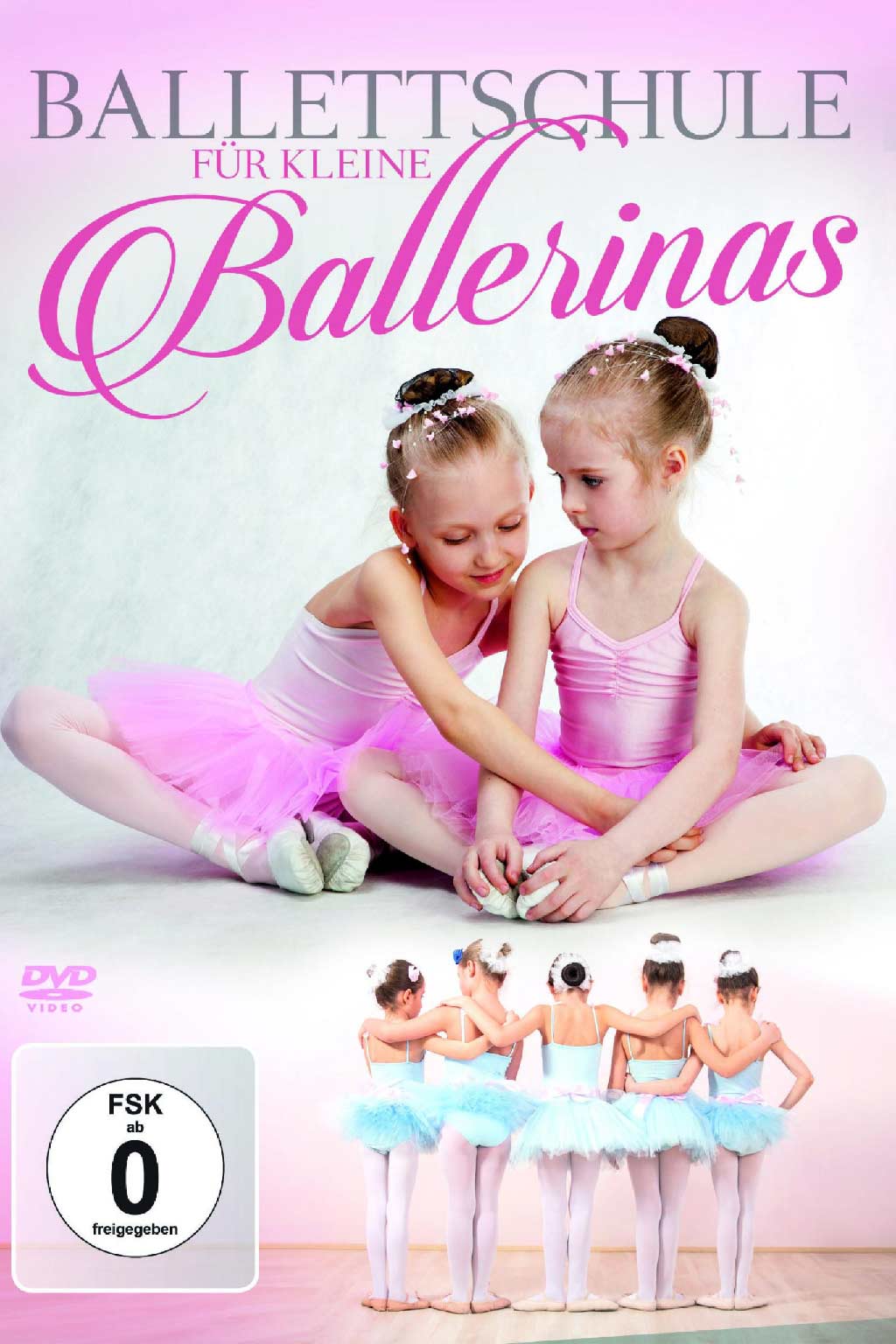 Das DVD-Cover der „Ballettschule für kleine Ballerinas“ von ZYX zeigt im oberen Teil zwei junge Mädchen in rosa Ballett-Outfits, wobei ein Mädchen dem anderen beim Anziehen der Ballettschuhe hilft. Im unteren Teil sind von hinten vier junge Ballerinas in einer Reihe stehend zu sehen, die in bunte Tutus gekleidet sind.